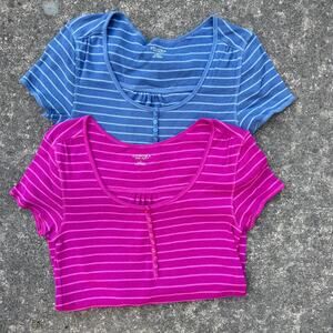 2-Pack Sonoma Ribbed Henley Crop Tops Striped Blue & Pink L Y2K Stretchy